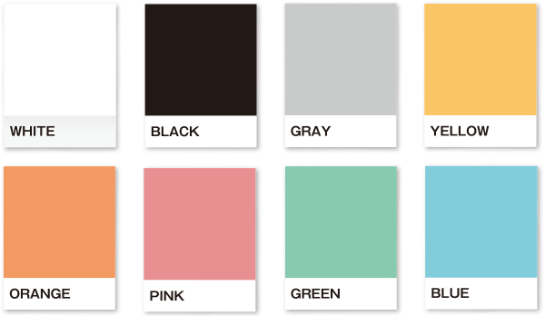 表紙カラー8色：WHITE、BLACK、GRAY、YELLOW、ORANGE、PINK、GREEN、BLUE